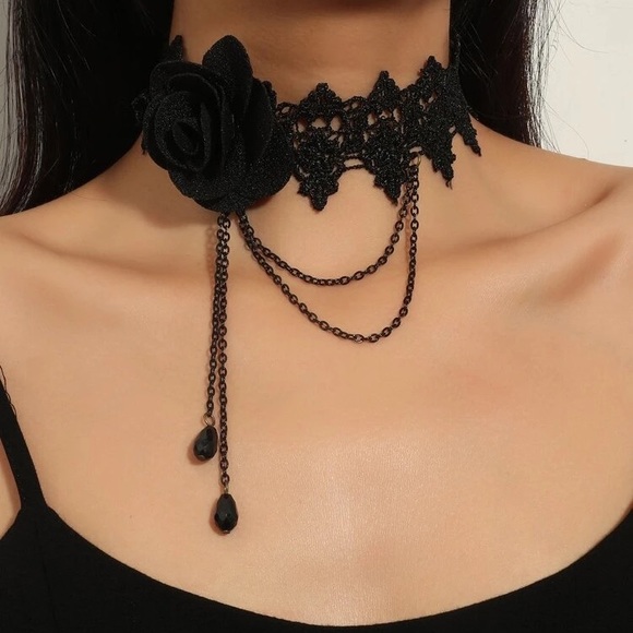 Black Lace Rose Choker Necklace Gothic Style Bead Chains - Picture 3 of 4